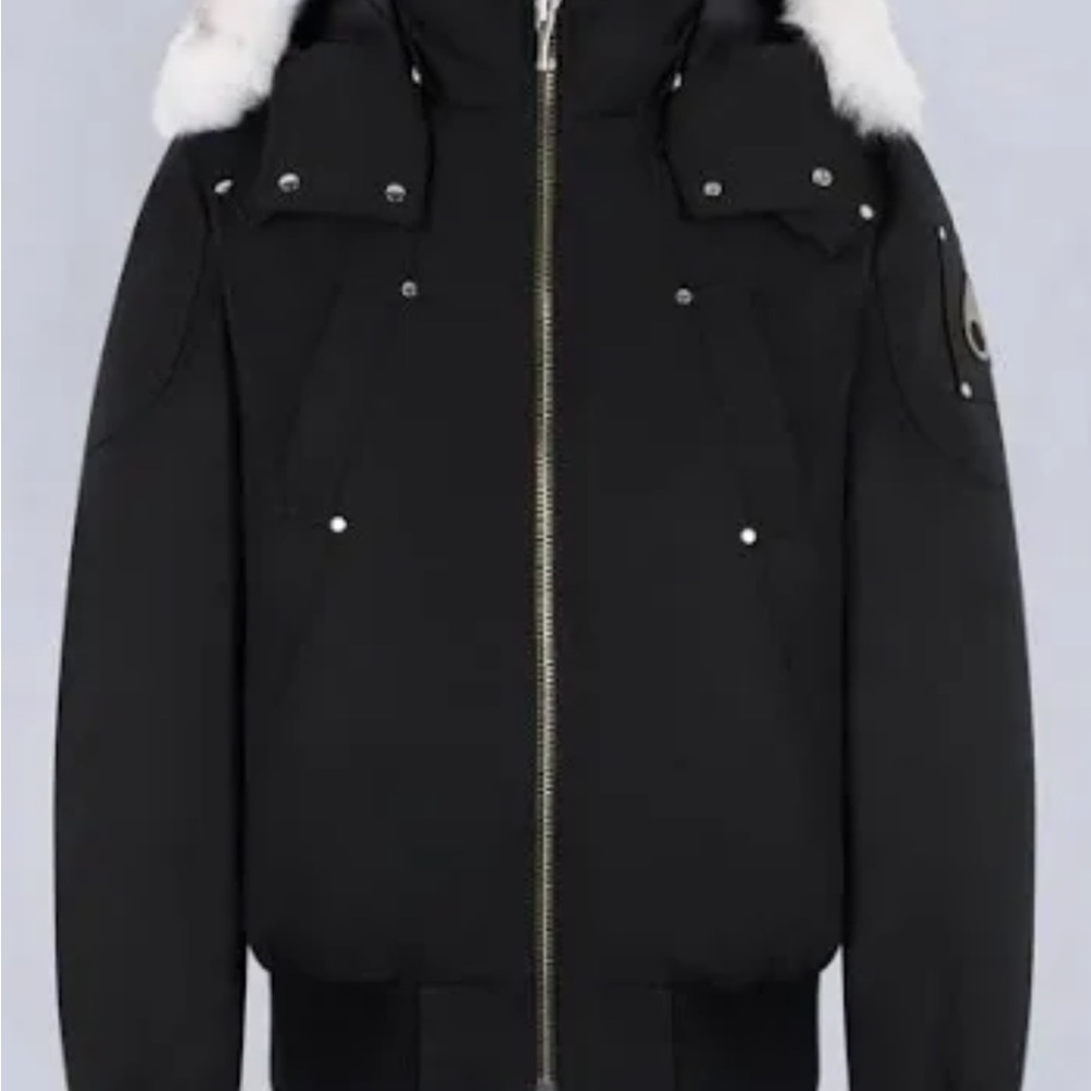 Moose Knuckles Black Bomber Jacket with White Fur Trim